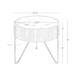 Tavolo rotondo ad angolo in marmo porcellanato, noce e acciaio nero