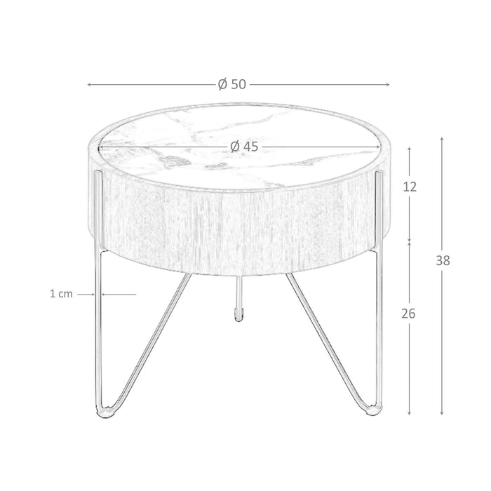 Tavolo rotondo ad angolo in marmo porcellanato, noce e acciaio nero