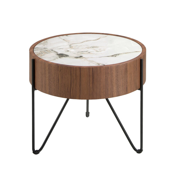 Tavolo rotondo ad angolo in marmo porcellanato, noce e acciaio nero