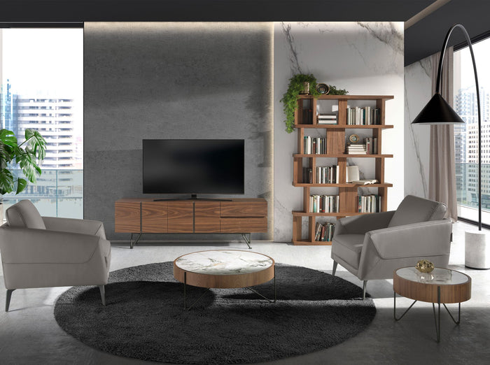 Tavolo rotondo ad angolo in marmo porcellanato, noce e acciaio nero