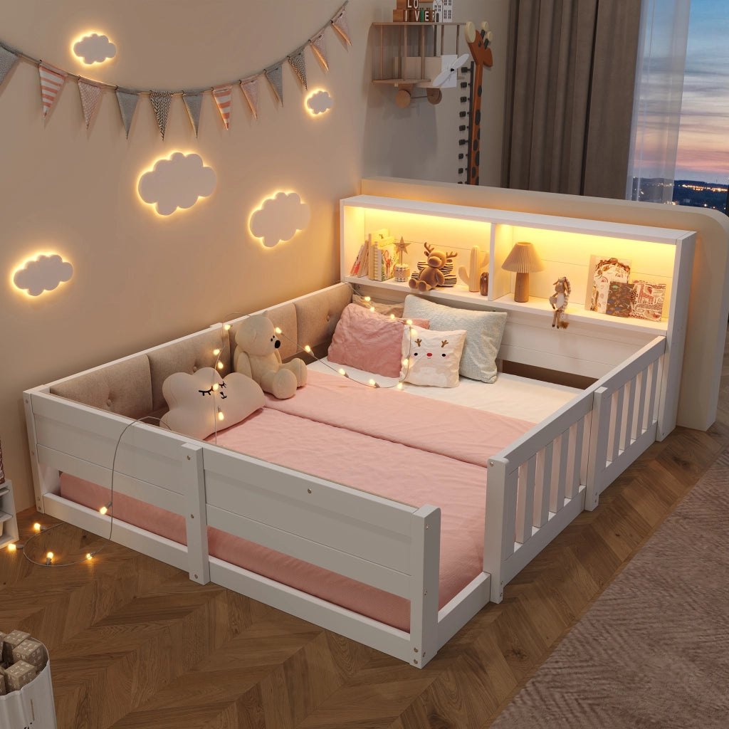 Letto bambino 140×200 cm con testiera contenitore; LED e sponde di sicurezza; senza materasso; bianco