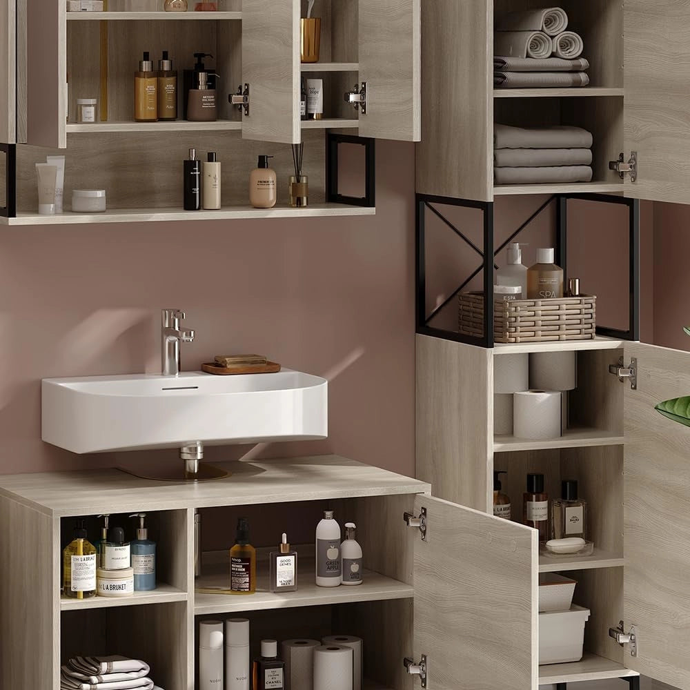 Set di mobili da bagno Vionna, Quercia/nero, 80 cm, composto da mobile sottolavabo, specchiera e mobile medio