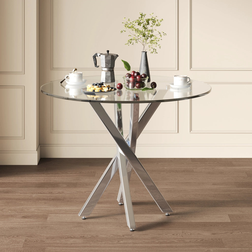 Tavolo da pranzo per 2-4 persone con piano in vetro temperato e gambe in metallo, design moderno, argento, 80 × 80 × 75 cm