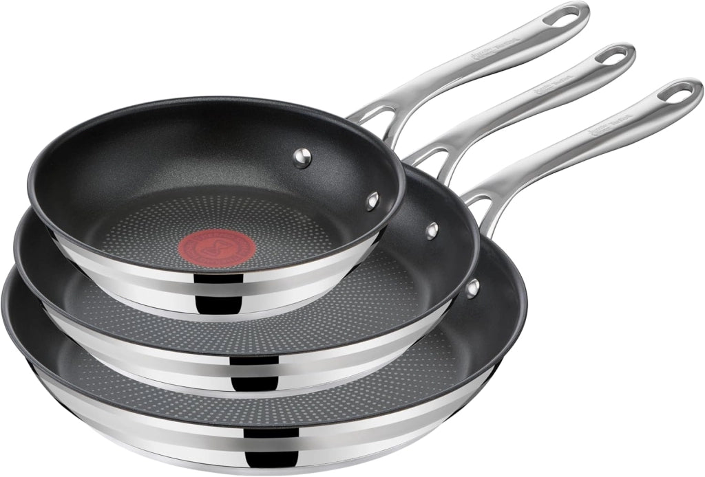 Jamie Oliver Cook Smart - Set di padelle da 20/24/28 cm, E310S3, in titanio sicuro, 2 rivestimenti antiaderenti, termo-segnale, tecnologia a induzione integrale termofusione, manico ergonomico