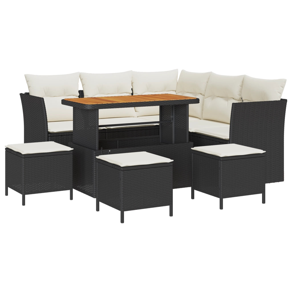 Set Divano da Giardino  9 Pezzi con Cuscini Nero Polyrattan Acacia