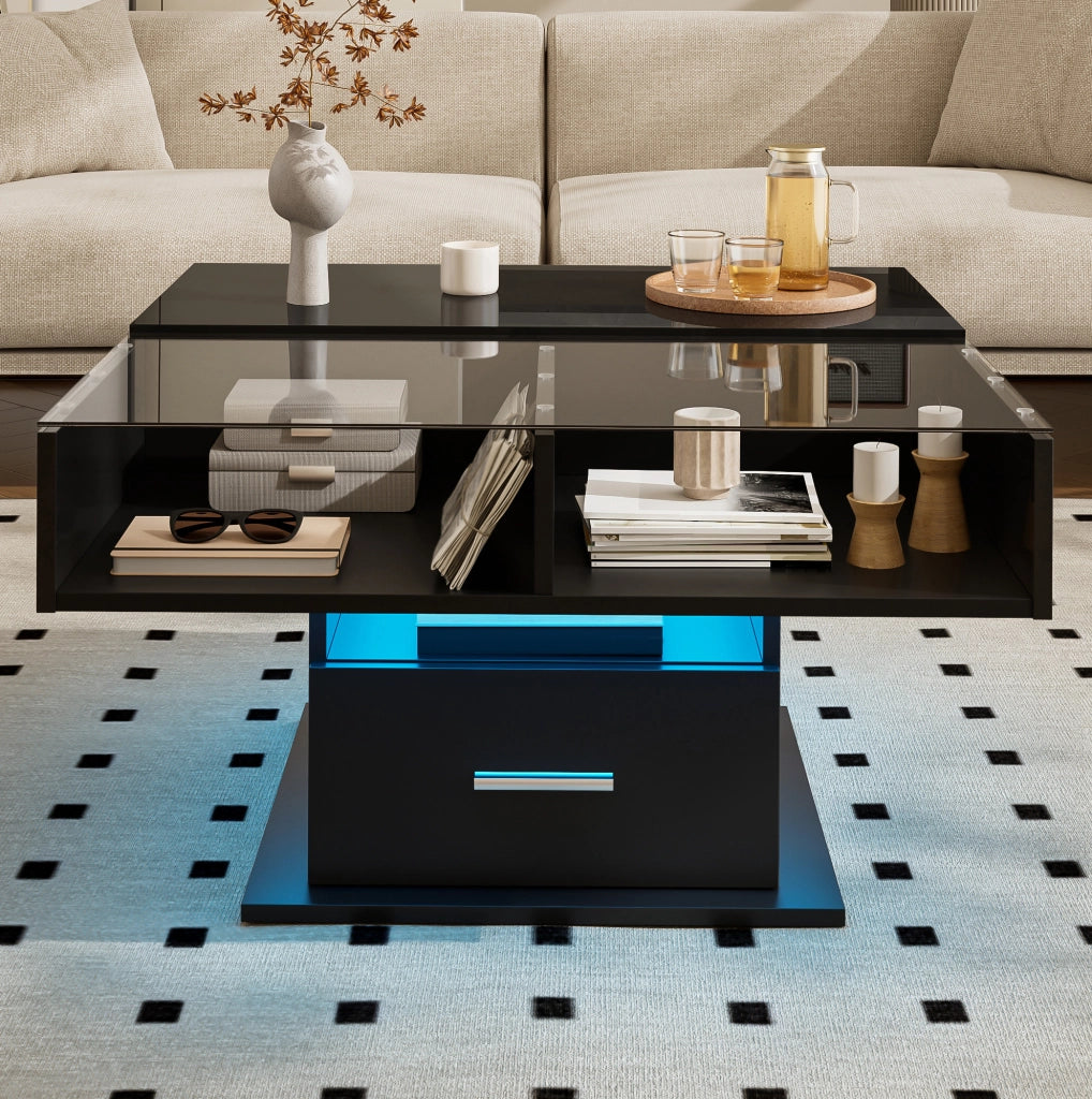 Tavolino da caffè elevabile nero con LED Bluetooth, cassetto e piano 78×78 cm