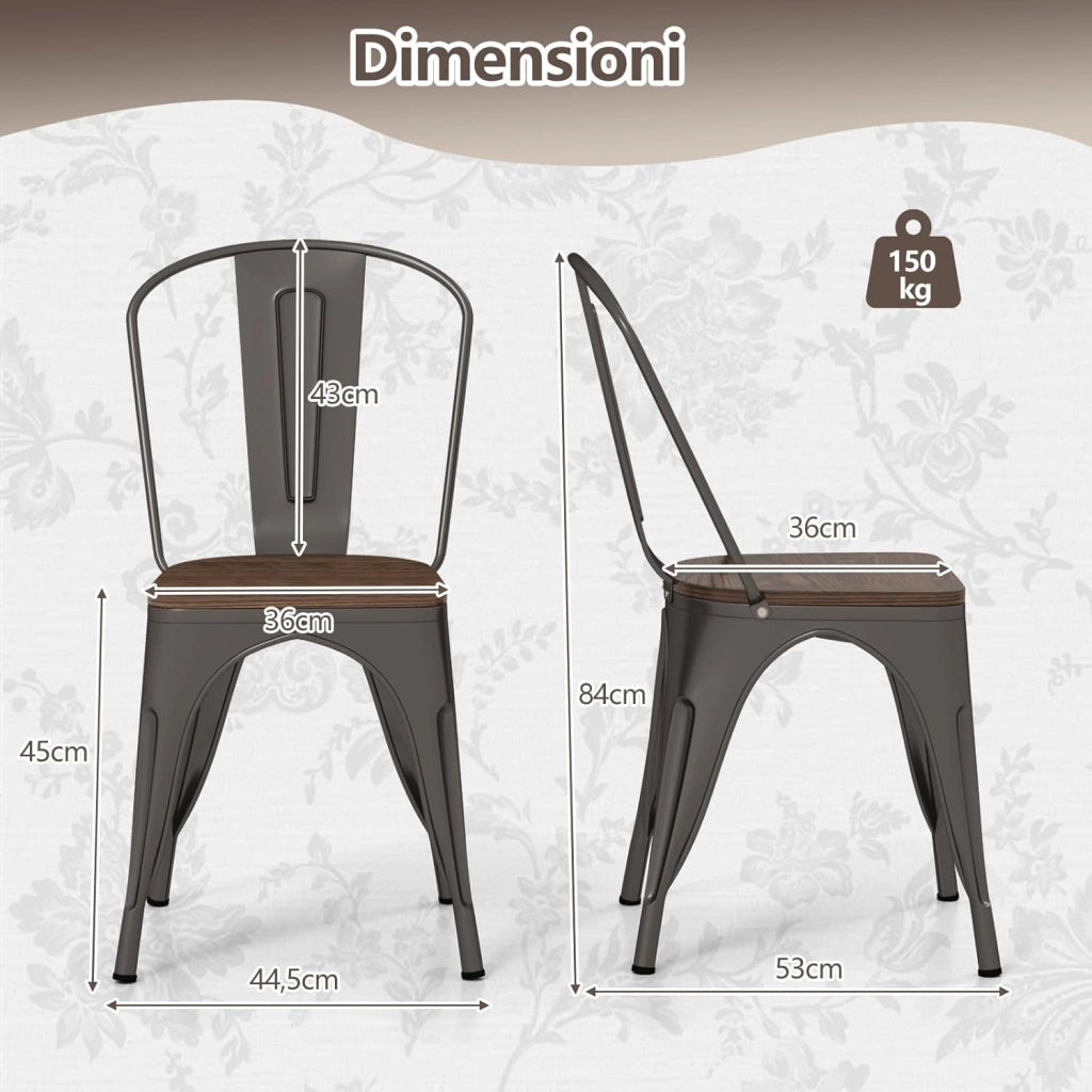 Set di 4 Sedie da Pranzo Impilabili 53 x 44,5 x84 cm, Sedie da Bar con Schienale Alto, Struttura in Legno e Acciaio, Ideale per Balcone, Cortile e Ristorante (Bronzo)