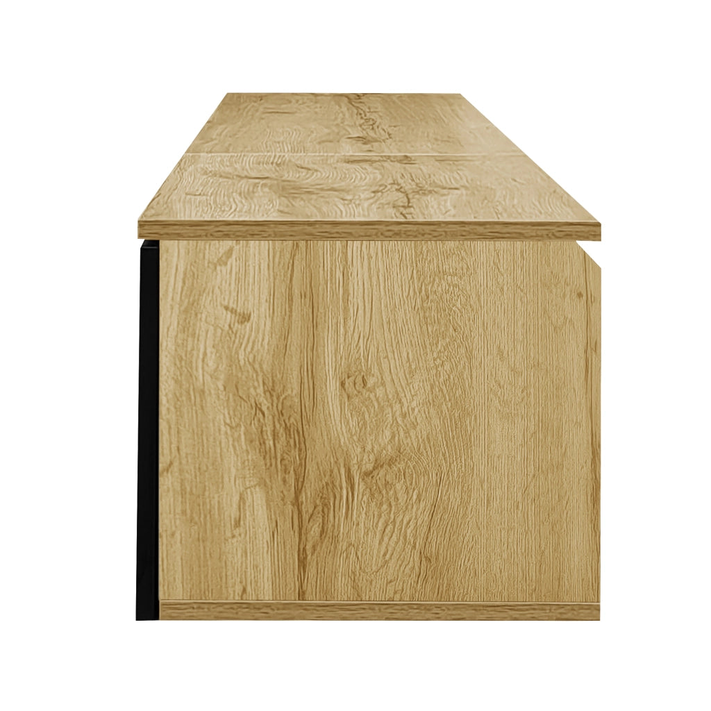 OKWISH Mobile TV con 3 Ante e LED, Montaggio a Terra o Parete, Stile Moderno, per Soggiorno, MDF, Nero e Legno, 180 x 35 x 30 cm