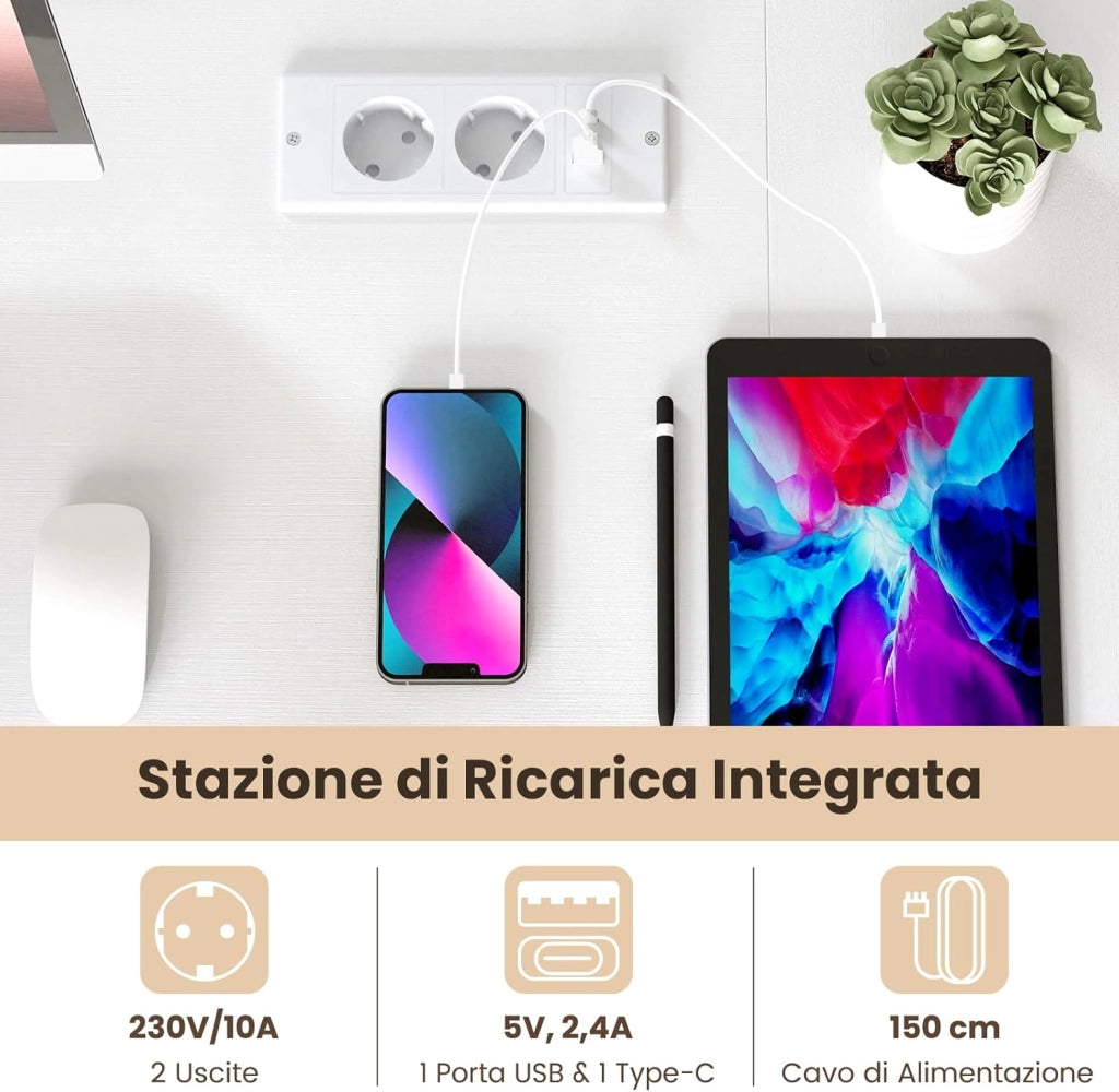 Scrivania Angolare Salvaspazio con Stazione di Ricarica e Ripiani Aperti, Scrivania ad Angolo in Legno con Struttura Metallica, Scrittoio per Computer per Soggiorno, Studio e Ufficio