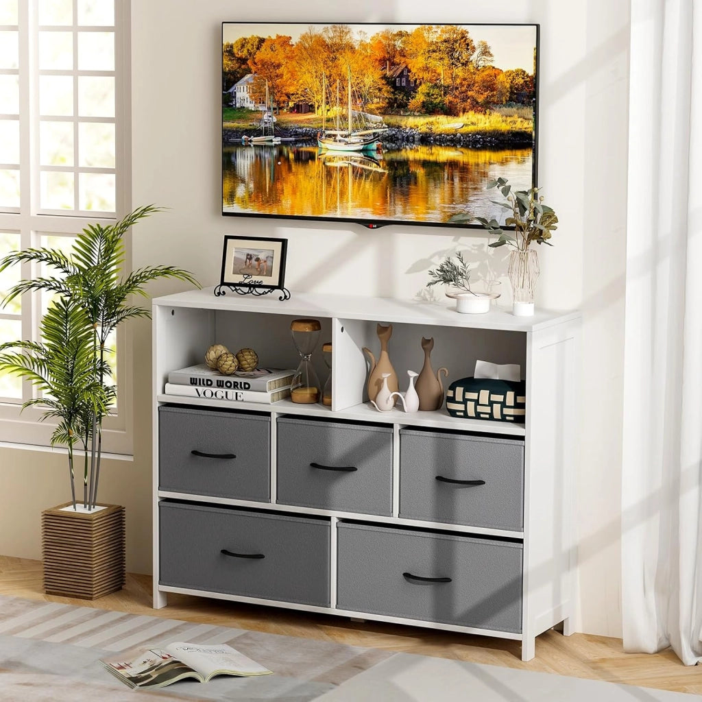 Comò con 5 Cassetti in Tessuto, Cassettiera con 2 Somparti Aperti e Cassetti Rimovibili e Pieghevoli, Porta Tv fino a 50", Armadio Multiuso per Camera da Letto, Soggiorno, 100 x 30 x 78 cm