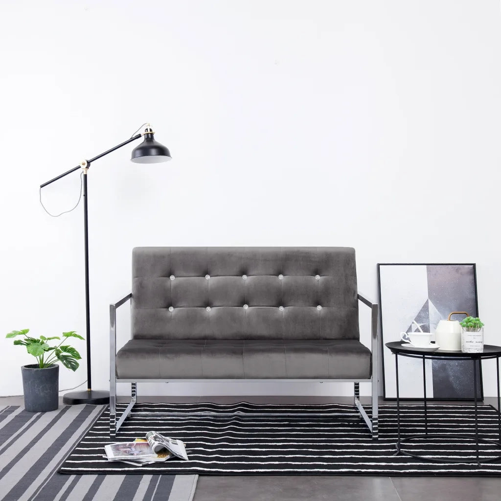 Divano a 2 Posti con Braccioli-Sofa 2 Posti Grigio Scuro Cromato e Velluto