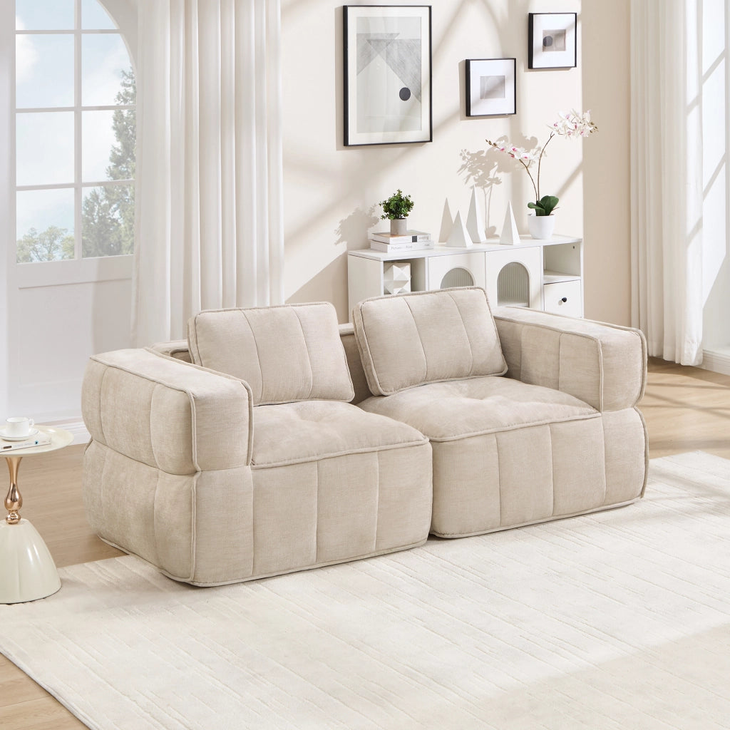 Divano modulare 2 posti con seduta profonda design senza telaio e braccioli ampi in poliestere beige 198 × 93 × 67 cm