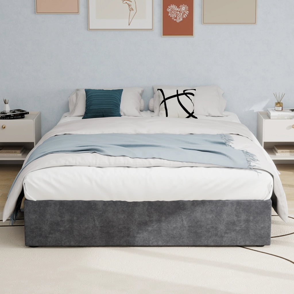 Letto Matrimoniale 160x200 cm - Testiera geometrica; Tessuto e metallo - Grigio