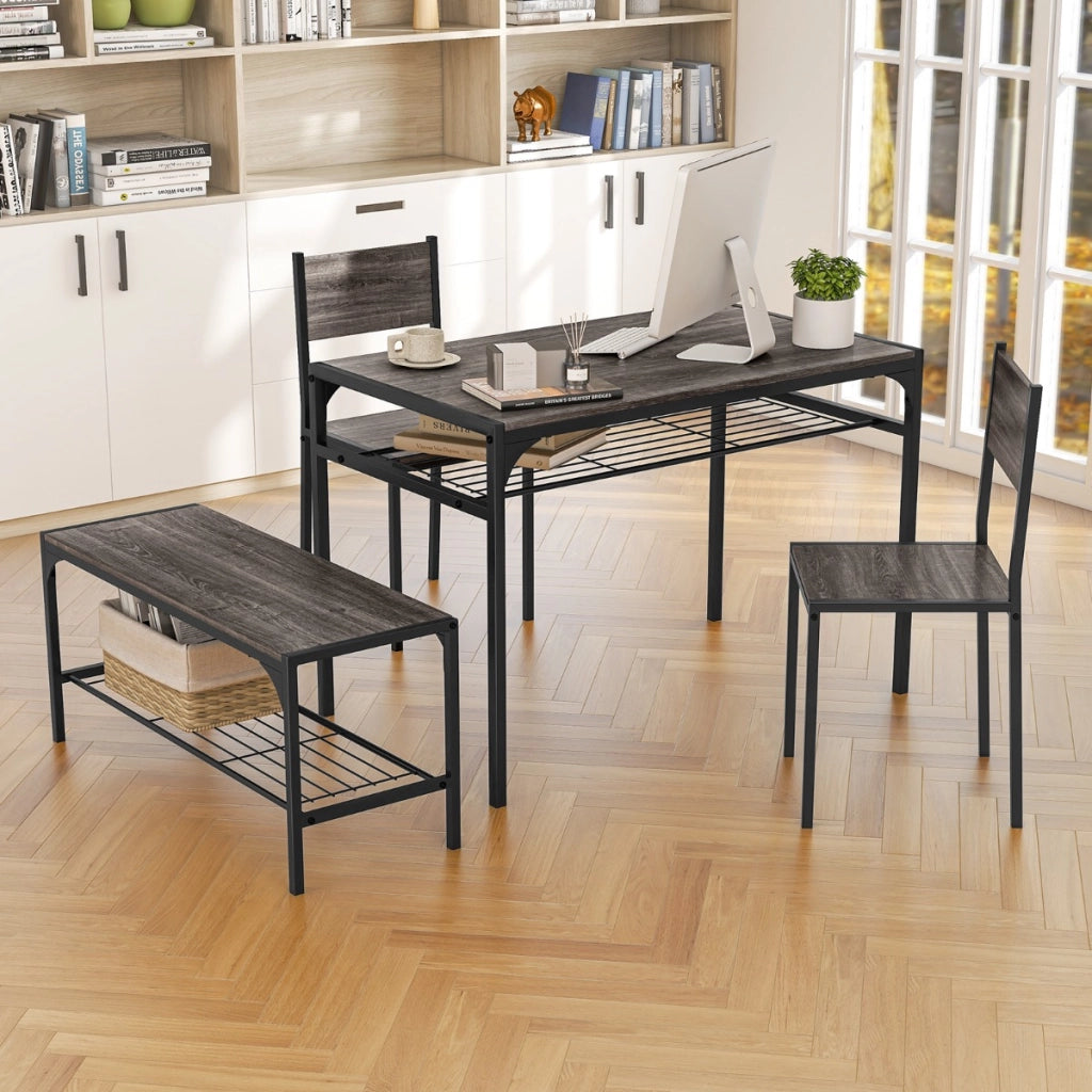 Set da pranzo 4 pezzi con telaio in metallo ripiano portaoggetti-Tavolo da pranzo con 2 sedie panca per 4 persone Grigio scuro
