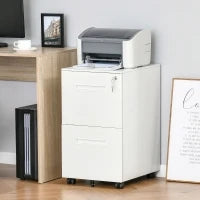 Cassettiera Ufficio con Ruote, Schedario Portadocumenti a 2 Cassetti con Serratura e 2 Chiavi in Acciaio, 39x48x67cm, Bianco