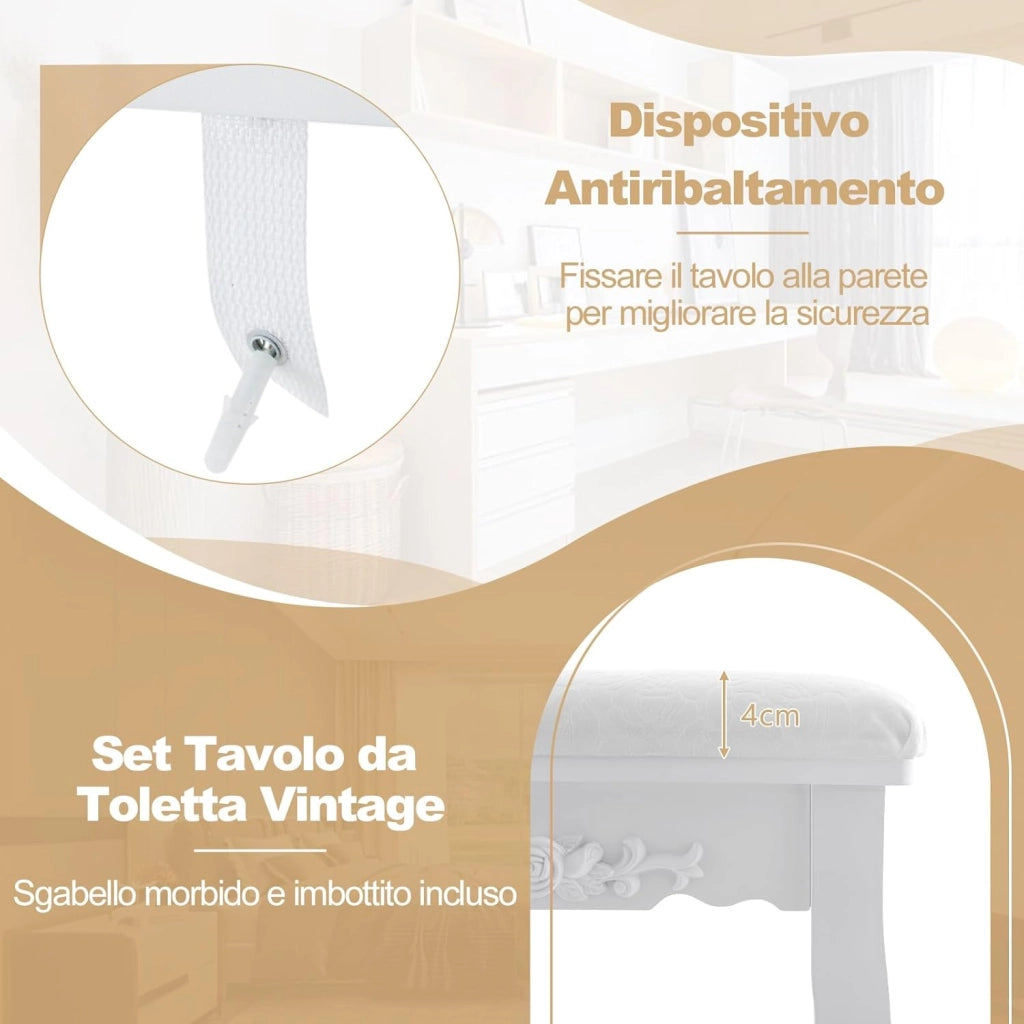 Toeletta da Trucco con 10 Luci LED, Set Tavolo da Trucco con 4 Cassetti e Sgabello, Specchio Girevole 360°, Consolle Toeletta per Soggiorno Camera da Letto, 75 x 40 x 145 cm (Bianco)