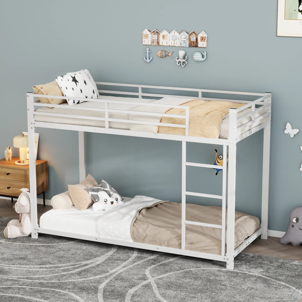 Letto a Castello 90 × 200 cm; Letto Singolo con Sponde di Sicurezza; Struttura in Metallo; senza Materasso; Bianco