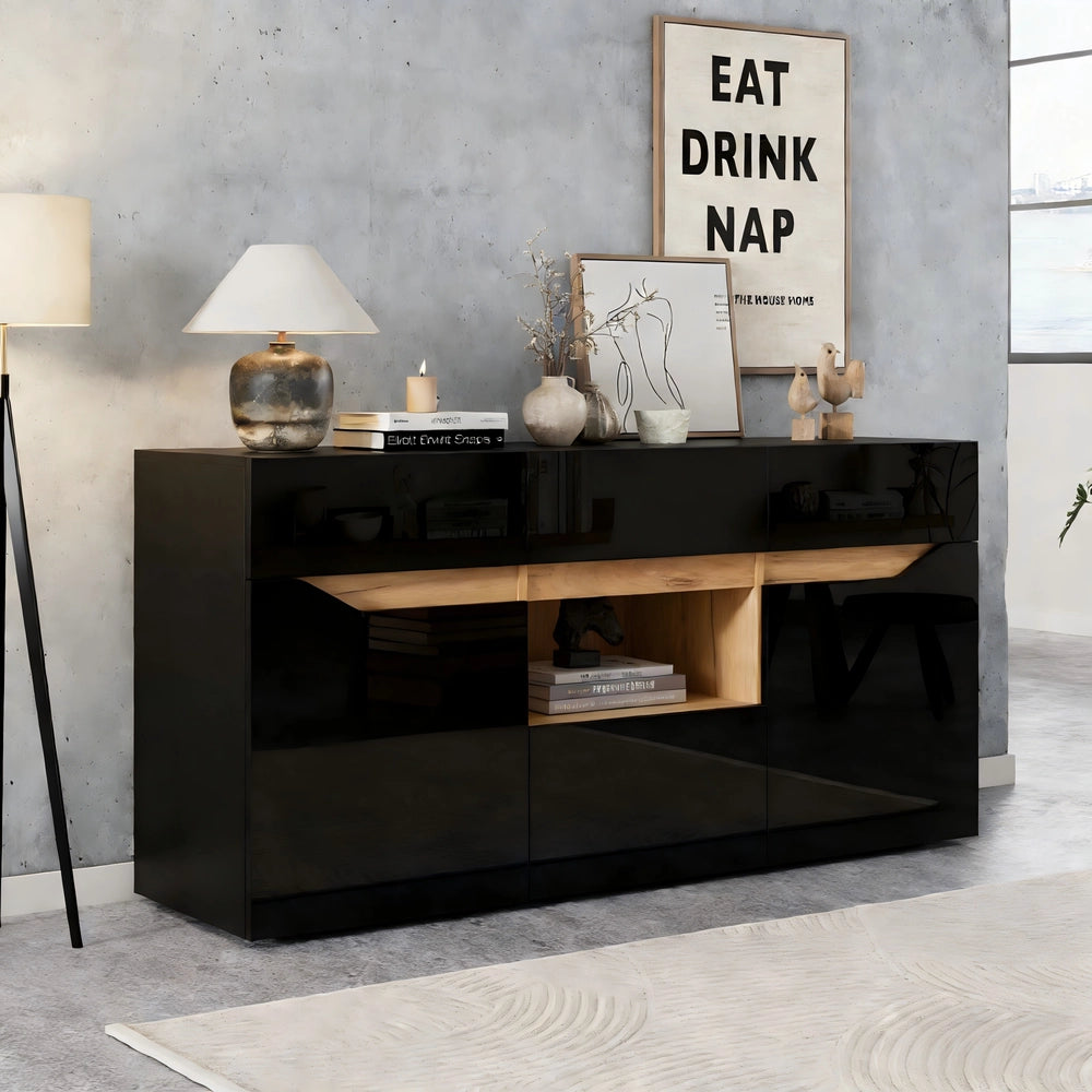 Credenza Soggiorno con Cassetti e LED ¨C MINIMAL ¨C Nero/Legno 140x40x70