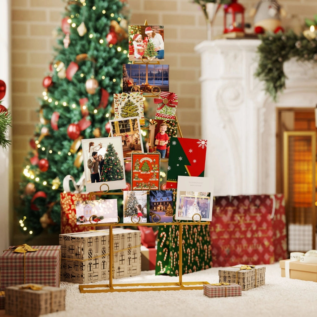 Portacarte supporto per foto a forma di albero di natale con clip rotonde, Portacarte portaoggetti in metallo da appendere-Decorazioni natalizie