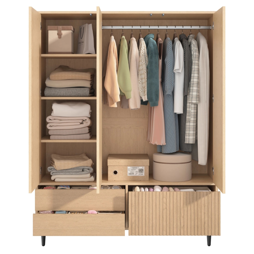 Armadio guardaroba 3 ante con specchio; 135x45x200 cm; 3 cassetti; MDF e acciaio bianco