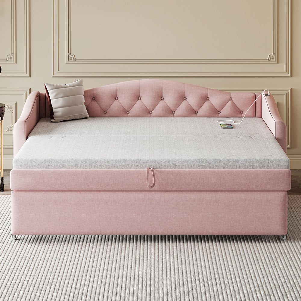 Letto estensibile 90x200 cm - Xylo - USB, classico, multifunzionale, lino rosa