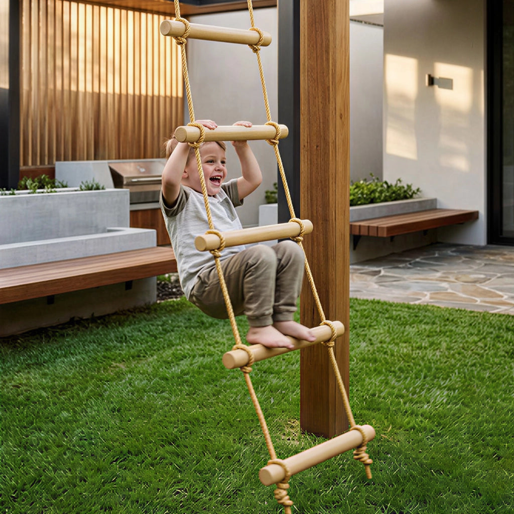 Scaletta per Bambini 3-8 Anni a 5 Pioli con Fibbie e Cinghie in Legno e PE Color Legno