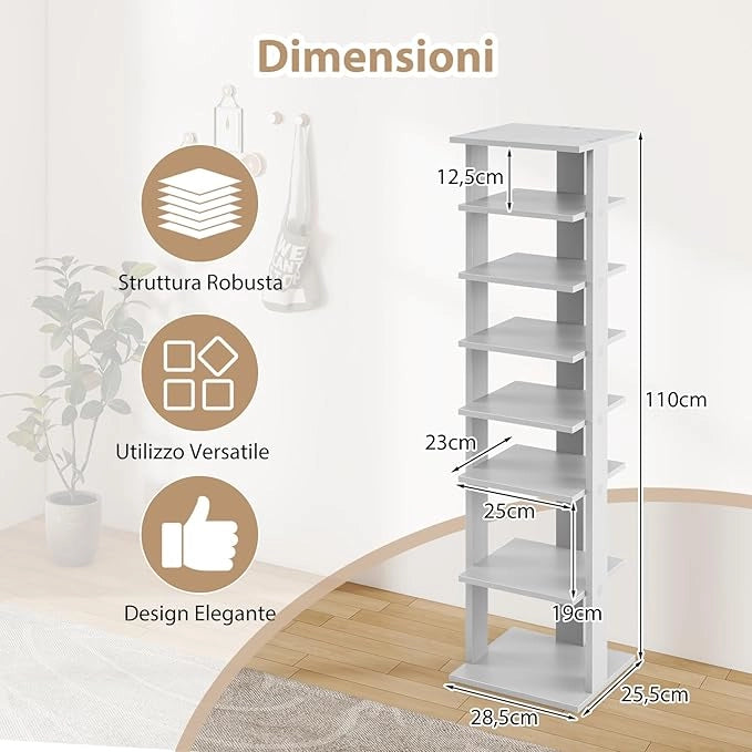 Scarpiera a 7 Ripiani, Scaffale Portascarpe in Legno con 2 Ripiani di Diverse Altezze, Scaffale Portaoggetti Multifunzione per Ingresso Soggiorno Camera da Letto, 28,5x25,5x110 cm (Grigio)