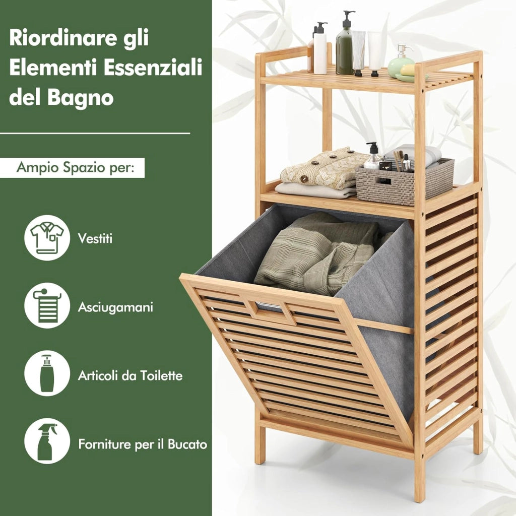 Mobiletto con Portabiancheria a 2 Ripiani da Bagno a Ribalta, Cesto per Bucato in Bambù da 43L, Cesto per Lavanderia Sporca in Tessuto Pieghevole, 43,5 x 33 x 96 cm, Naturale