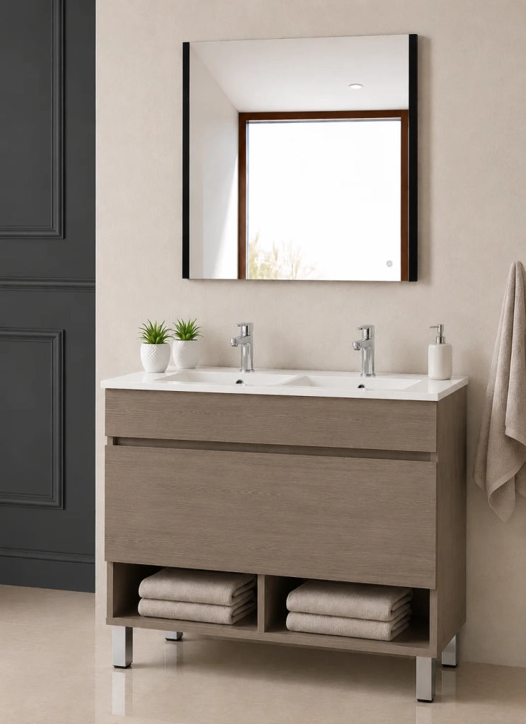 Mobile bagno con piedini con lavabo extrapiano ORIGENBATH NEBARI senza specchio 120x45 cm doppio lavabo rovere smoky