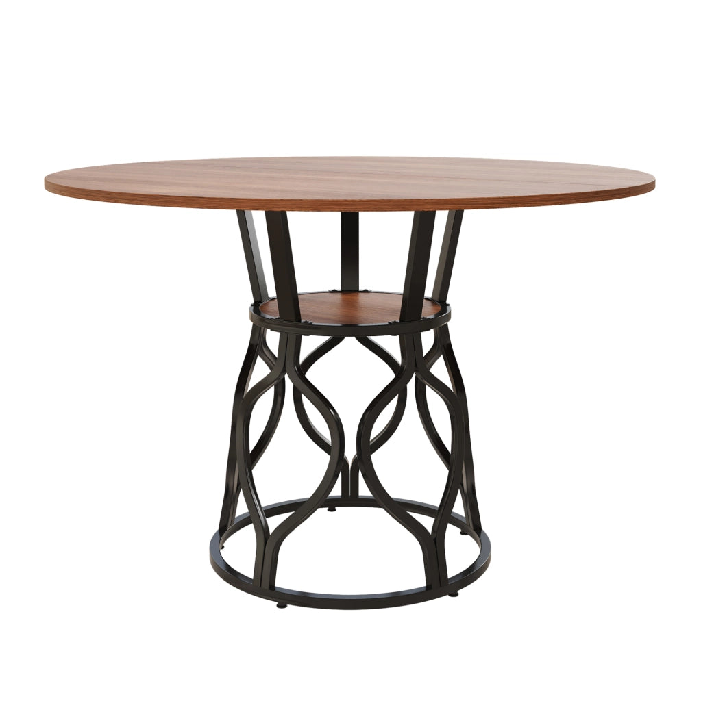 Tavolo da pranzo rotondo 100 x 100 x 75 cm in MDF effetto noce e metallo nero; con ripiano