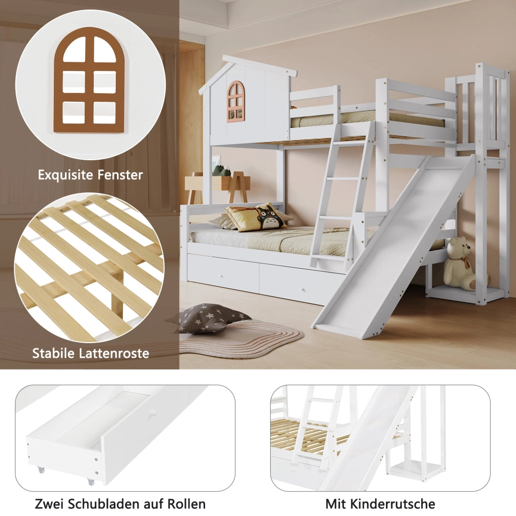 Letto a castello con scivolo e cassettoni in legno massello e MDF 90x200 e 120x200 cm