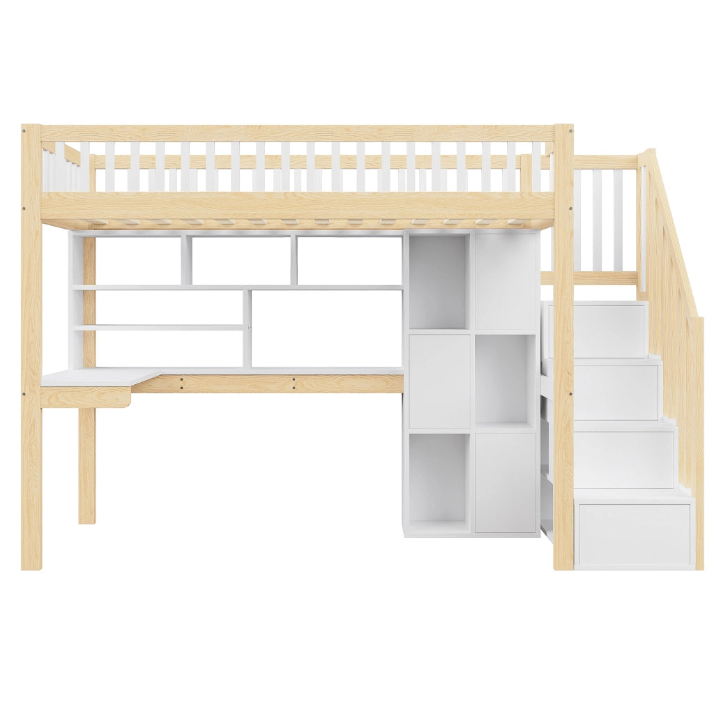 Letto a castello bianco e naturale con luci LED scaffali e scrivania in pino 90x200 cm