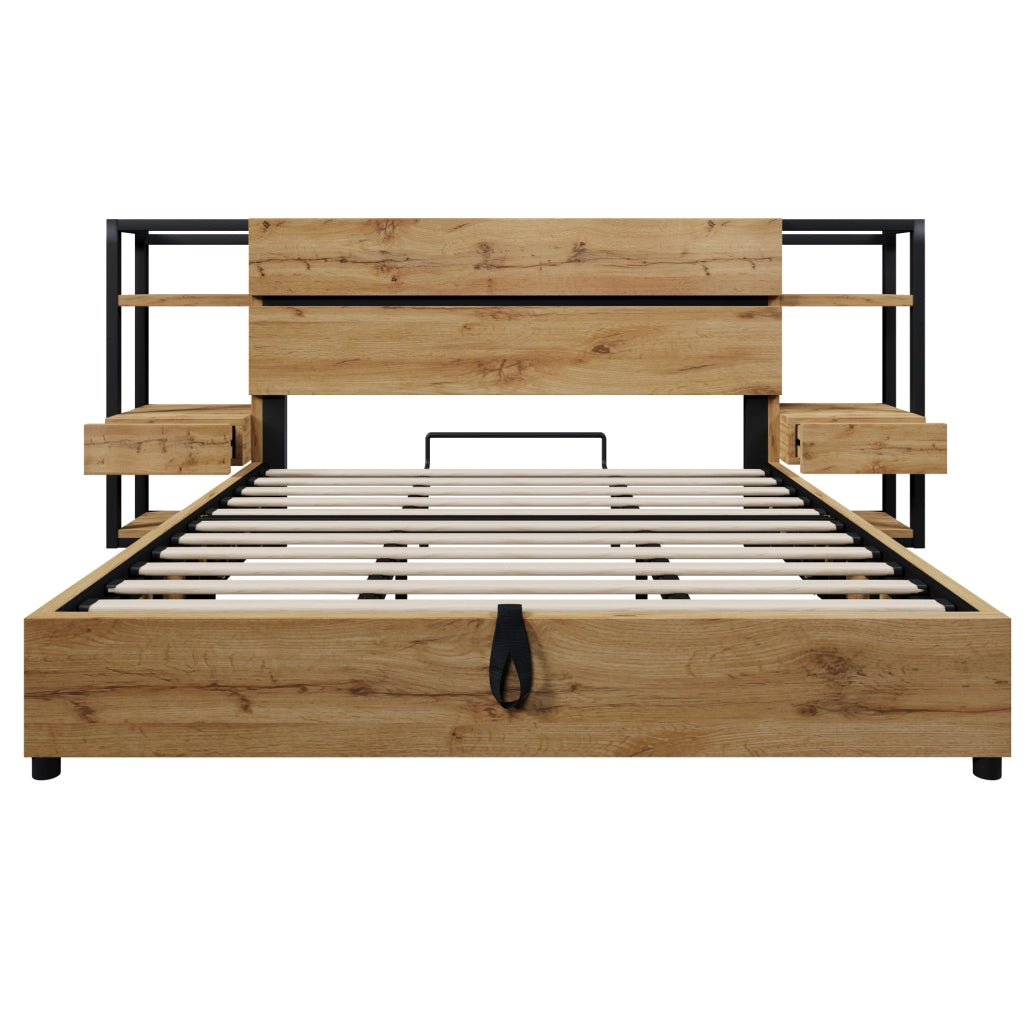 Letto matrimoniale 180x200 cm con contenitore e USB Type-C; struttura in MDF e metallo; rovere