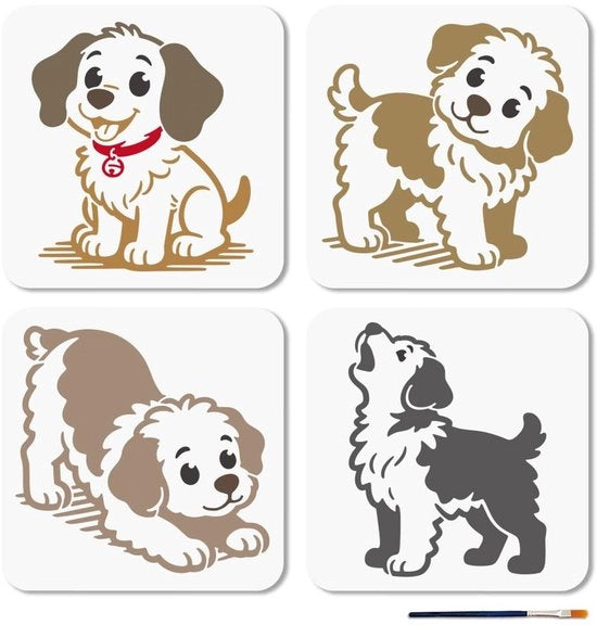 Schemi 4 pezzi - Schemi riciclabili - Tema cane - 20 x 20 cm - Plastica - Decorazione creativa - Stencil