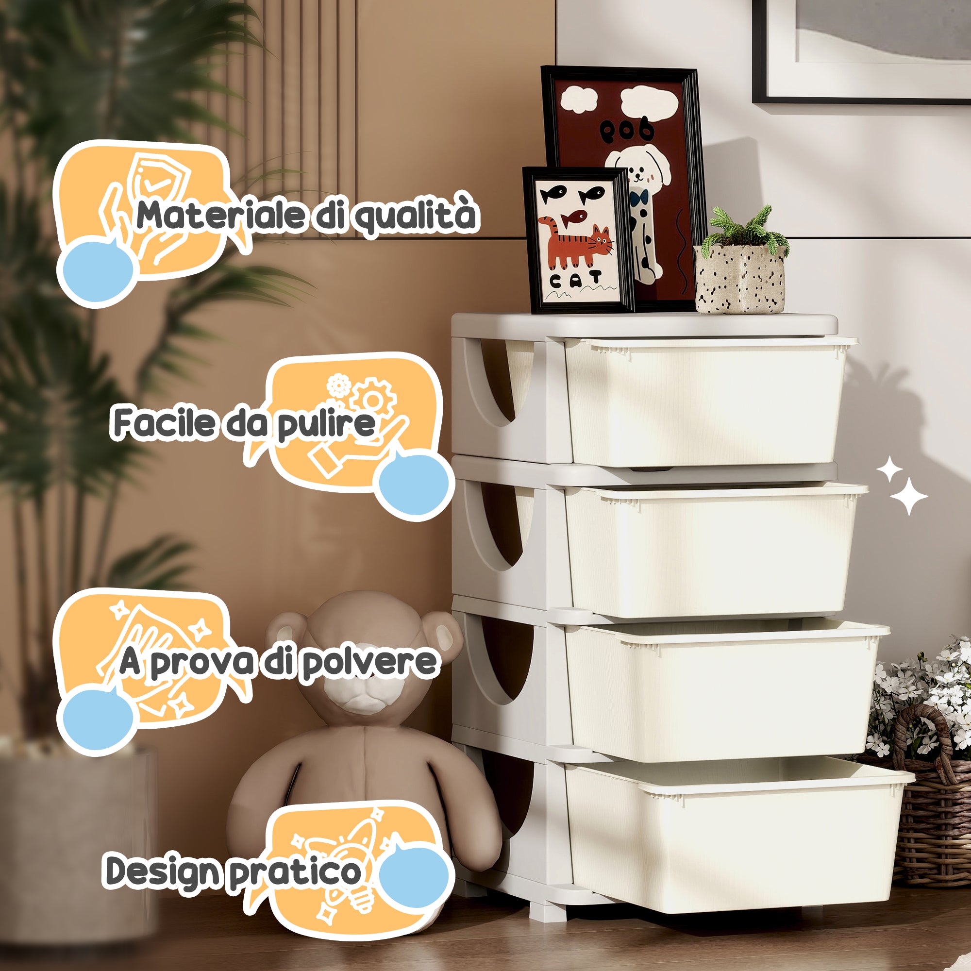 Cassettiera per Cameretta 4 Cassetti 37x37x76 cm in Plastica Crema