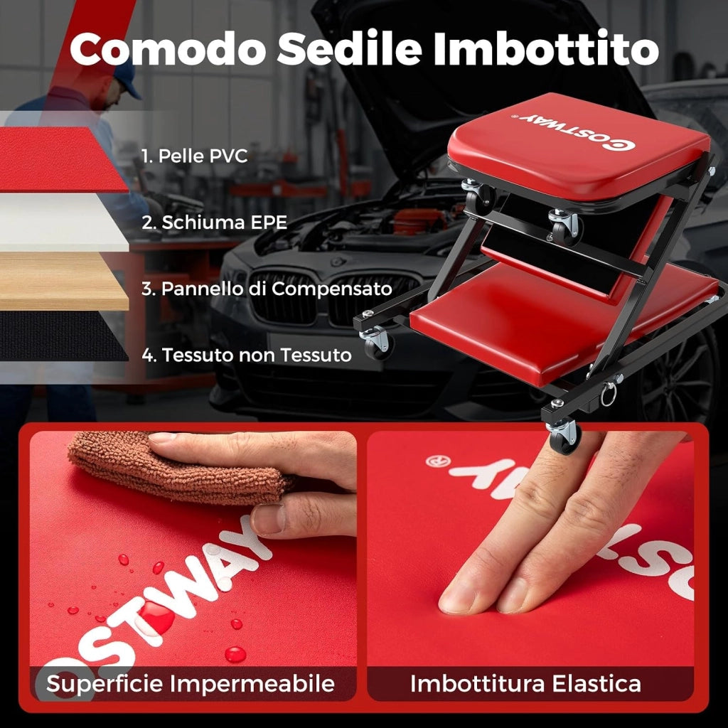 COSTWAY 2 in 1 Sgabello da Officina a Forma di Z, Carrello Meccanico sotto Auto con Sedile Imbottito e Ruote Girevoli a 360°, Portata 150 kg, per Garage e Officina (Rosso)