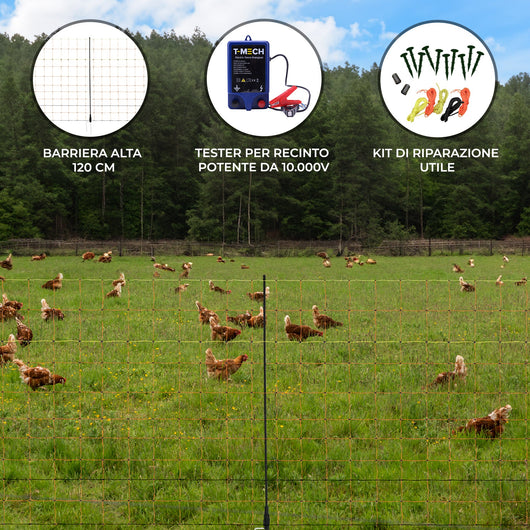 Energizzatore Recinzione & Rete per Pollame 50m - Maglia Alta 120cm con Pali