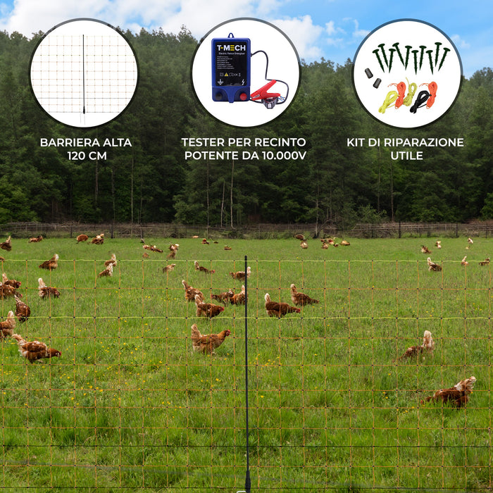Energizzatore Recinzione & Rete per Pollame 50m - Maglia Alta 120cm con Pali
