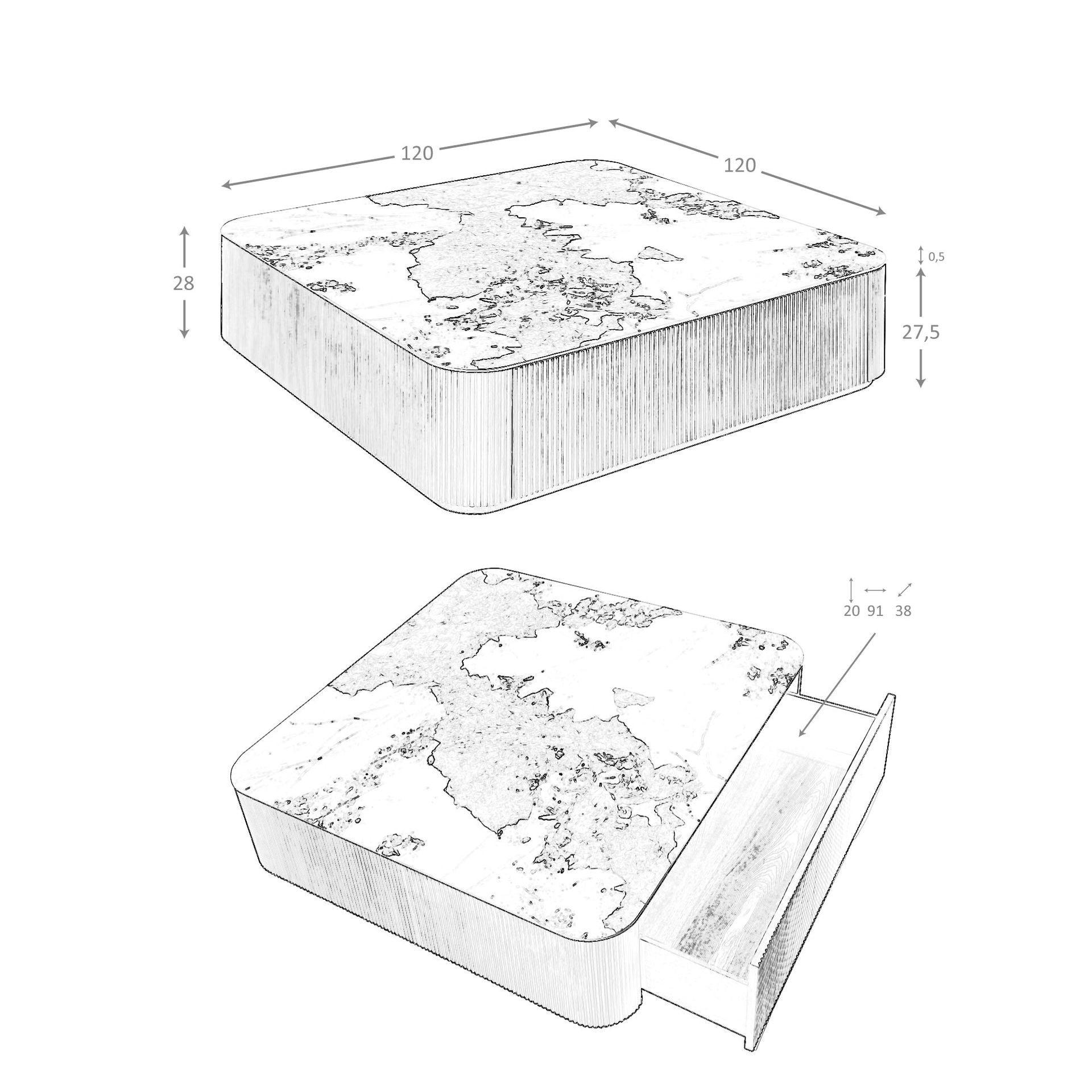 Tavolino quadrato in marmo porcellanato e noce