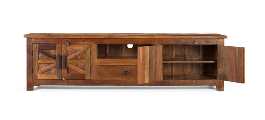 Mobile TV con 2 ante 1 cassetto e una nicchia in legno riciclato.