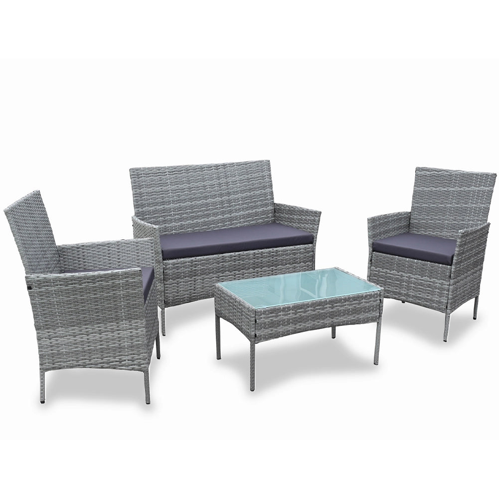 Set da Giardino 4pz in Polyrattan 2 Poltrone 1 Tavolino 1 Divano uso Esterno Grigio