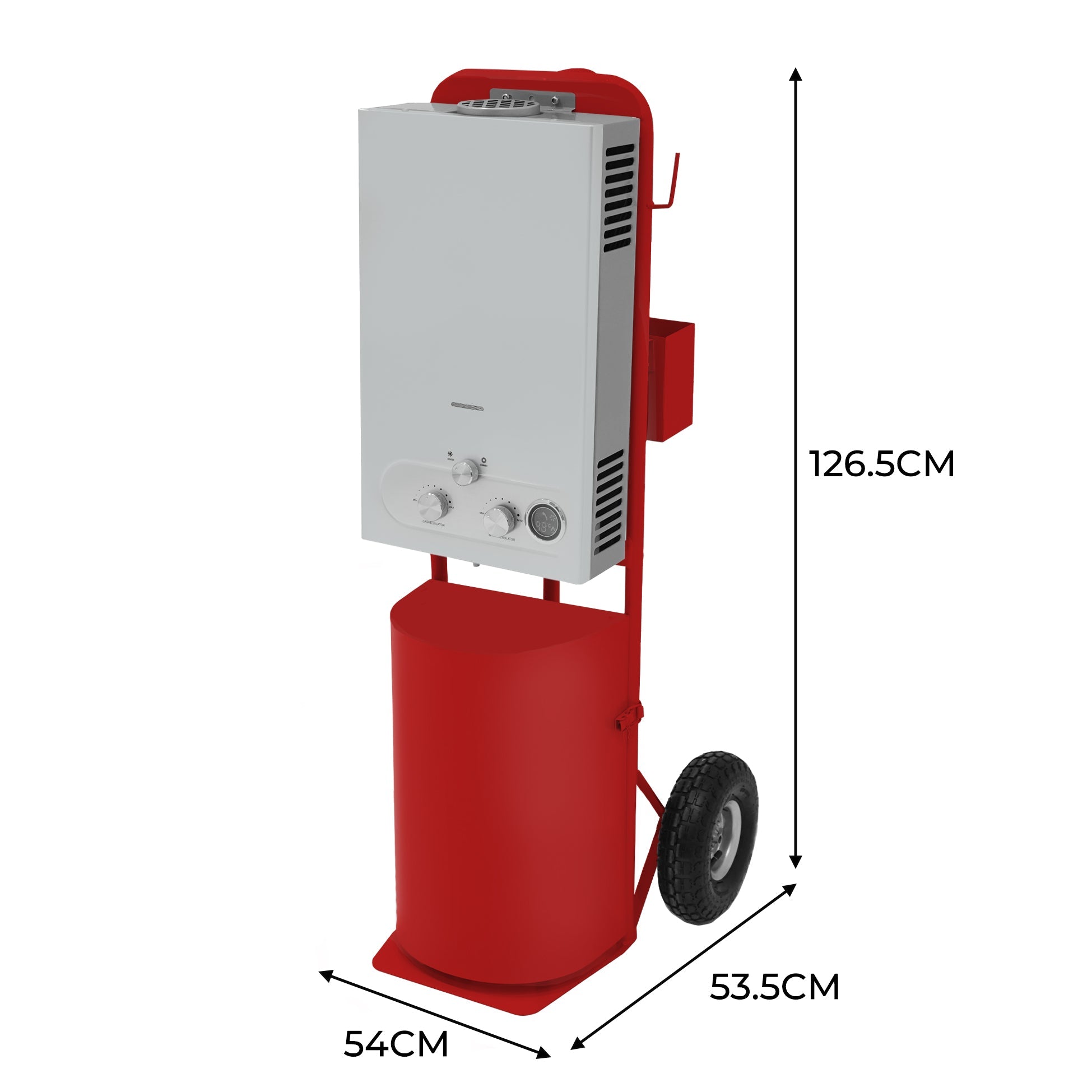 Doccia portatile per cavalli con carrello rosso, serbatoio 18L, tubo 10m.