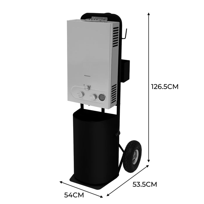 Doccia portatile per cavalli con carrello nero, serbatoio 18L, tubo 10m.