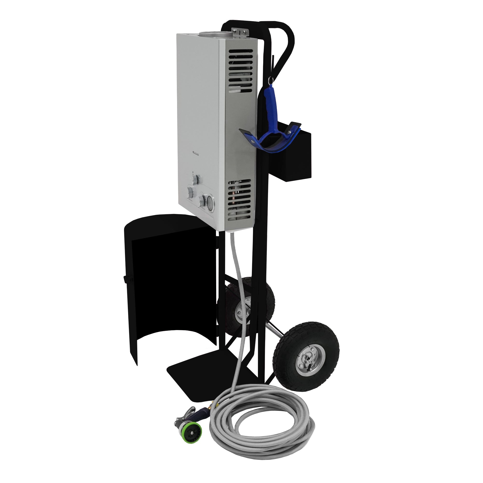 Doccia portatile per cavalli con carrello nero, serbatoio 18L, tubo 10m.