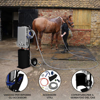 Doccia portatile per cavalli con carrello nero, serbatoio 18L, tubo 10m.