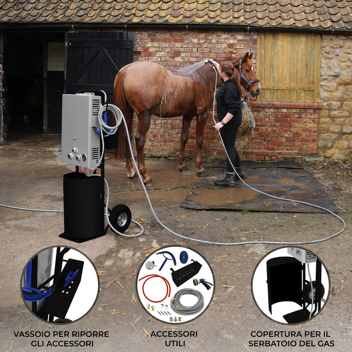 Doccia portatile per cavalli con carrello nero, serbatoio 18L, tubo 10m.