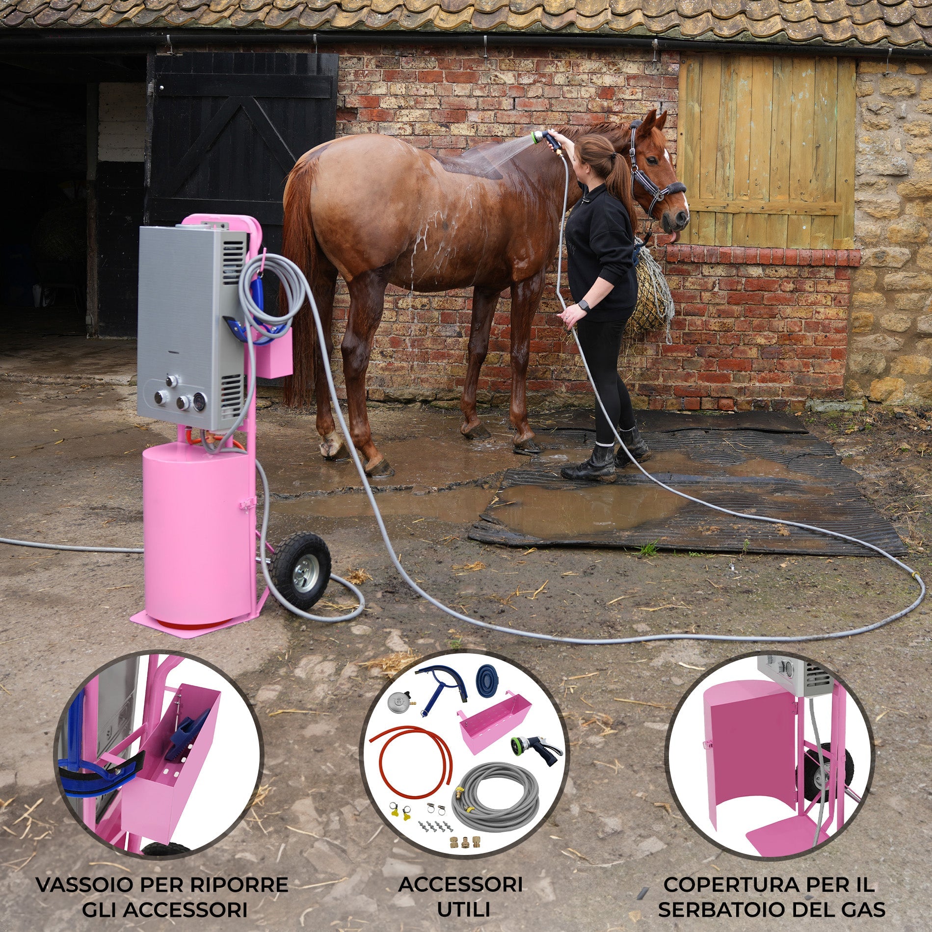 Doccia portatile per cavalli con carrello rosa, serbatoio 18L, tubo 10m.