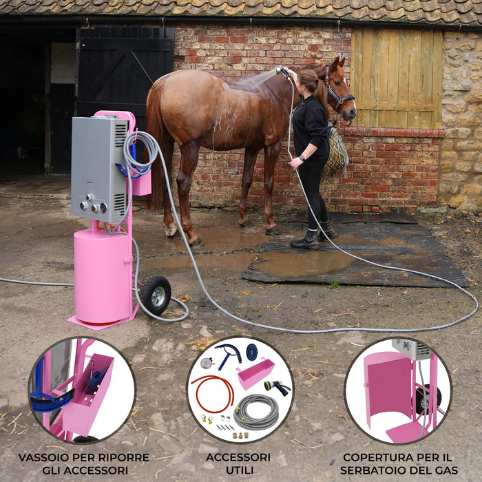 Doccia portatile per cavalli con carrello rosa, serbatoio 18L, tubo 10m.