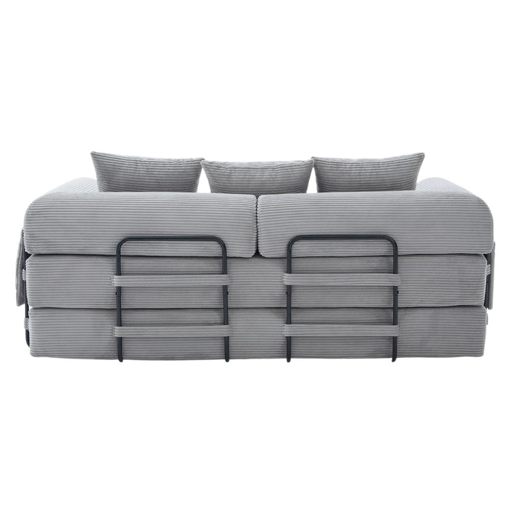 Divano modulare 200x94x67 cm con tasca laterale e 3 cuscini in velluto a coste grigio chiaro