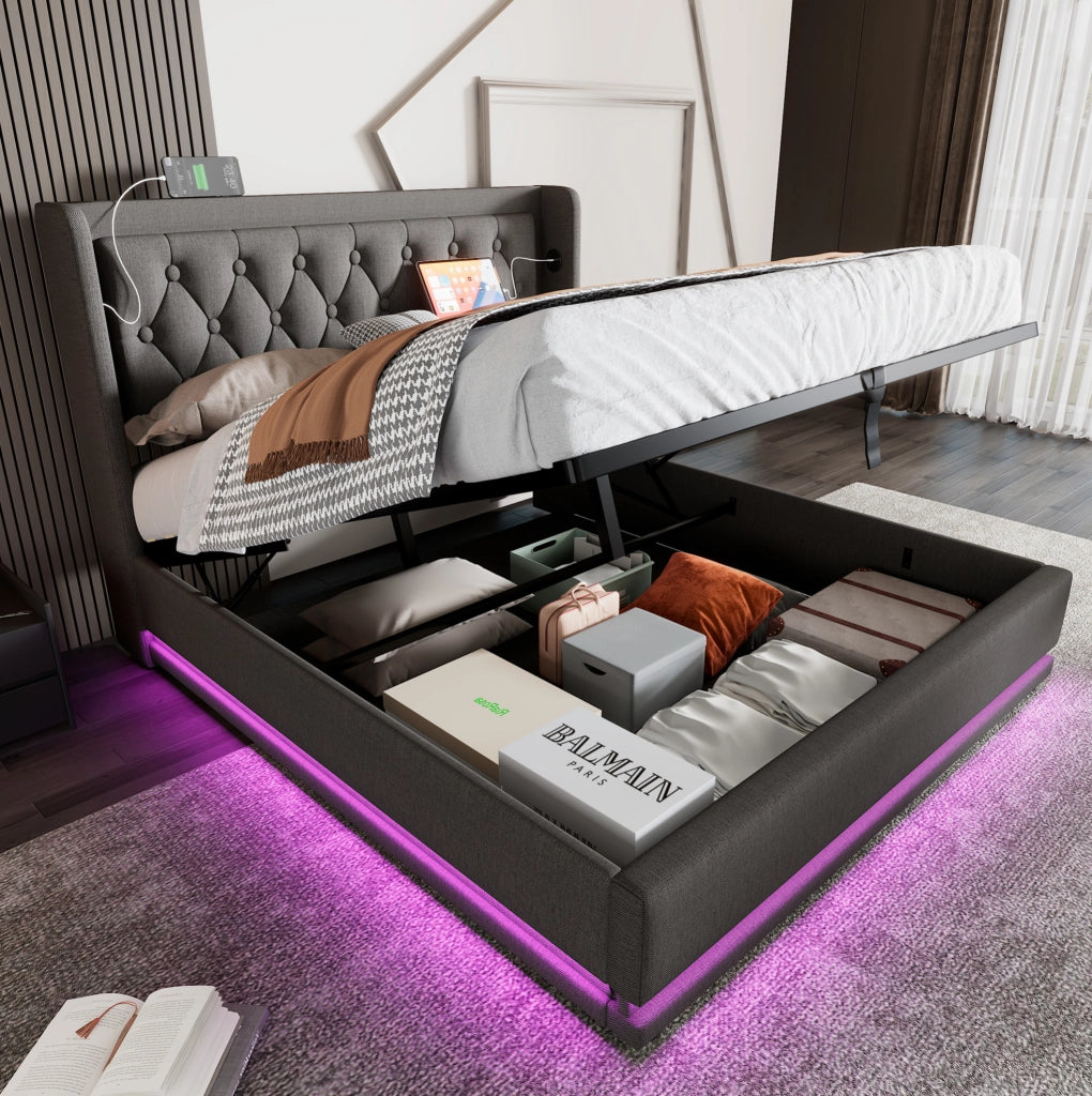 Letto matrimoniale imbottito 160x200 cm grigio in cotone con contenitore; USB e LED